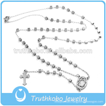 Christmas Jewelry Silver Cube Stainless Steel Bead Necklace wih Jesus Sideway Cross Rosary